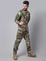 Front and back view of the Multicam ACU Uniform showcasing full-sleeve tactical shirt and cargo pants in military-grade camouflage pattern.