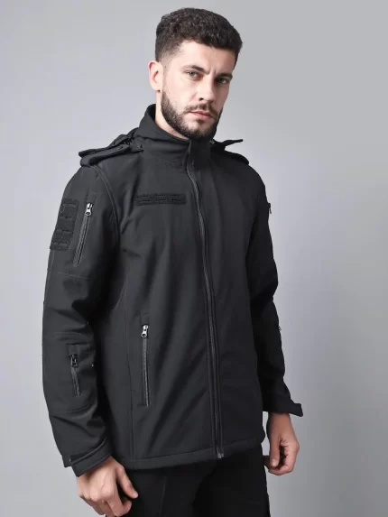Black 12-Zipper Waterproof Lycra Softshell Jacket for men featuring multiple utility pockets and weather-resistant fabric.