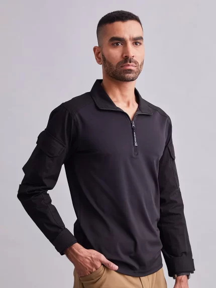 Black Full Sleeves Tactical T-shirt (Patch) – Military-style combat shirt with Velcro patch panels for men.