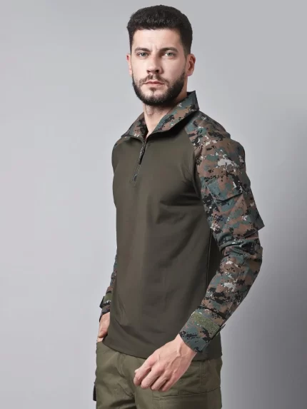 Cobra Full Sleeves Tactical T-shirt (C-type) featuring camo sleeves, zip neck, and patch-ready arms for military and outdoor use