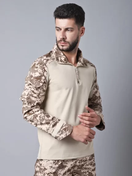 Brown Desert Full Sleeves Tactical T-shirt (C-type) with Velcro patch panels and reinforced sleeves for rugged outdoor and military use.