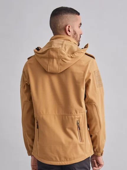Khaki 12-Zipper Waterproof Lycra Softshell Jacket for Men – Tactical Outdoor Wear with Weather Protection