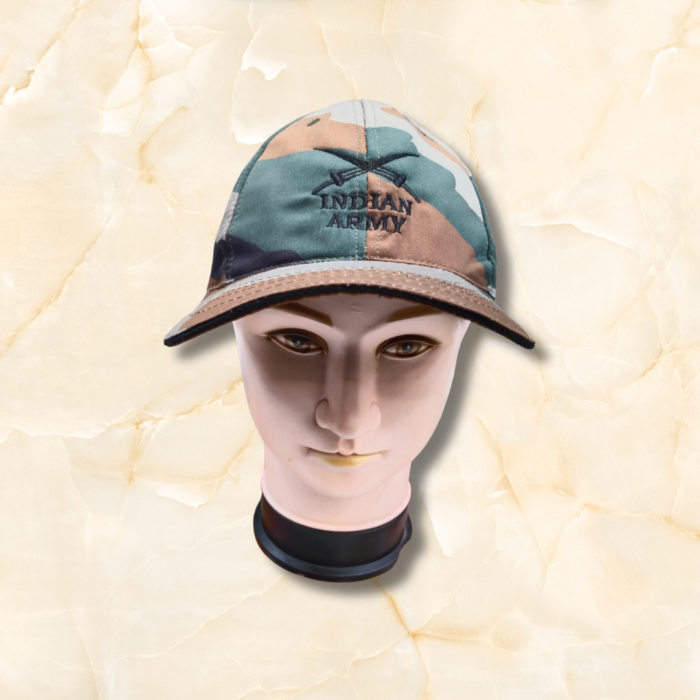 Authentic Indian Army Cap in olive green with embroidered official insignia, adjustable strap for men