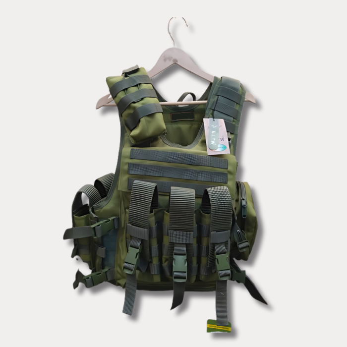 Army Bullet Proof Jacket designed for tactical use, featuring front and back plate inserts, adjustable straps, and MOLLE webbing for combat readiness.