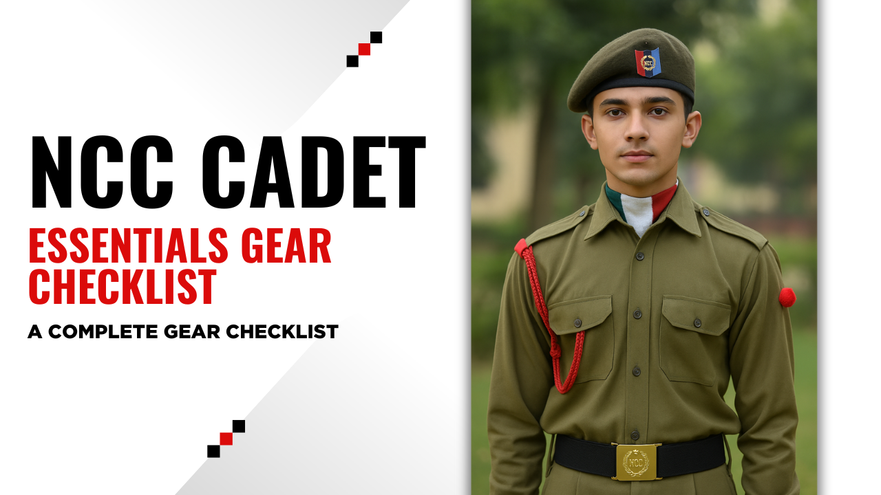 NCC cadet arranging gloves, lanyard, scarf and other NCC cadet essentials gear checklist items on a bed.