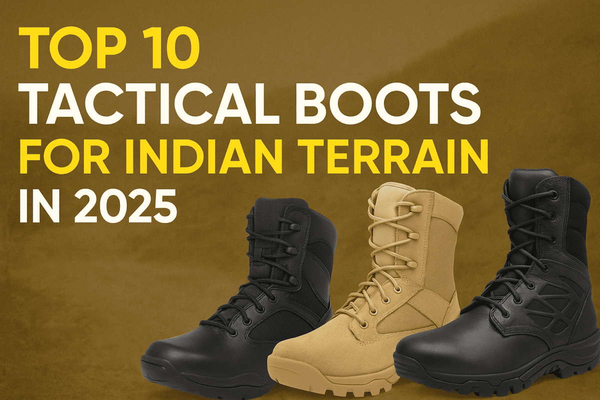 Top 10 Tactical Boots for Indian Terrain in 2025 with rugged black and tan military footwear on a dusty brown background.
