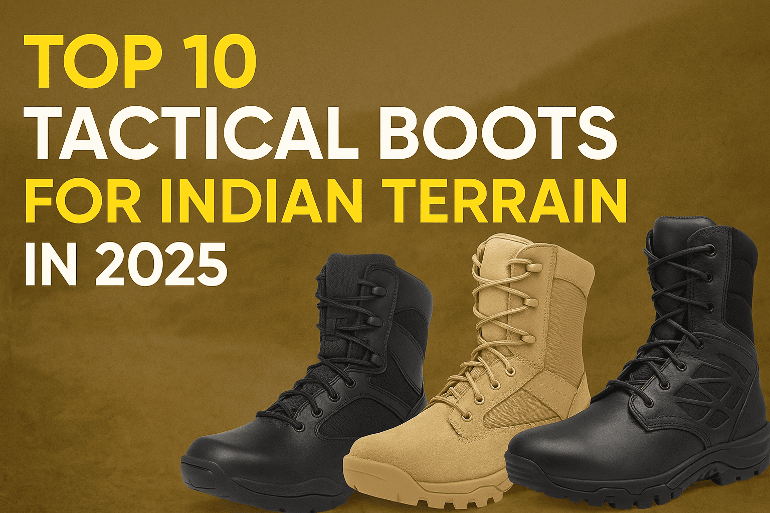 Top 10 Tactical Boots for Indian Terrain in 2025 with rugged black and tan military footwear on a dusty brown background.