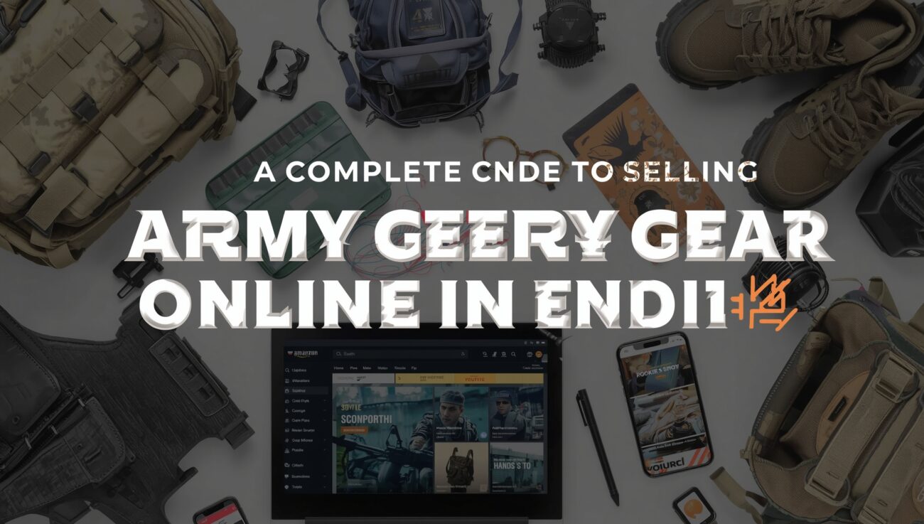 Selling Army Gear Online in India – Tactical boots, army uniforms, and backpacks displayed alongside a laptop for e-commerce.