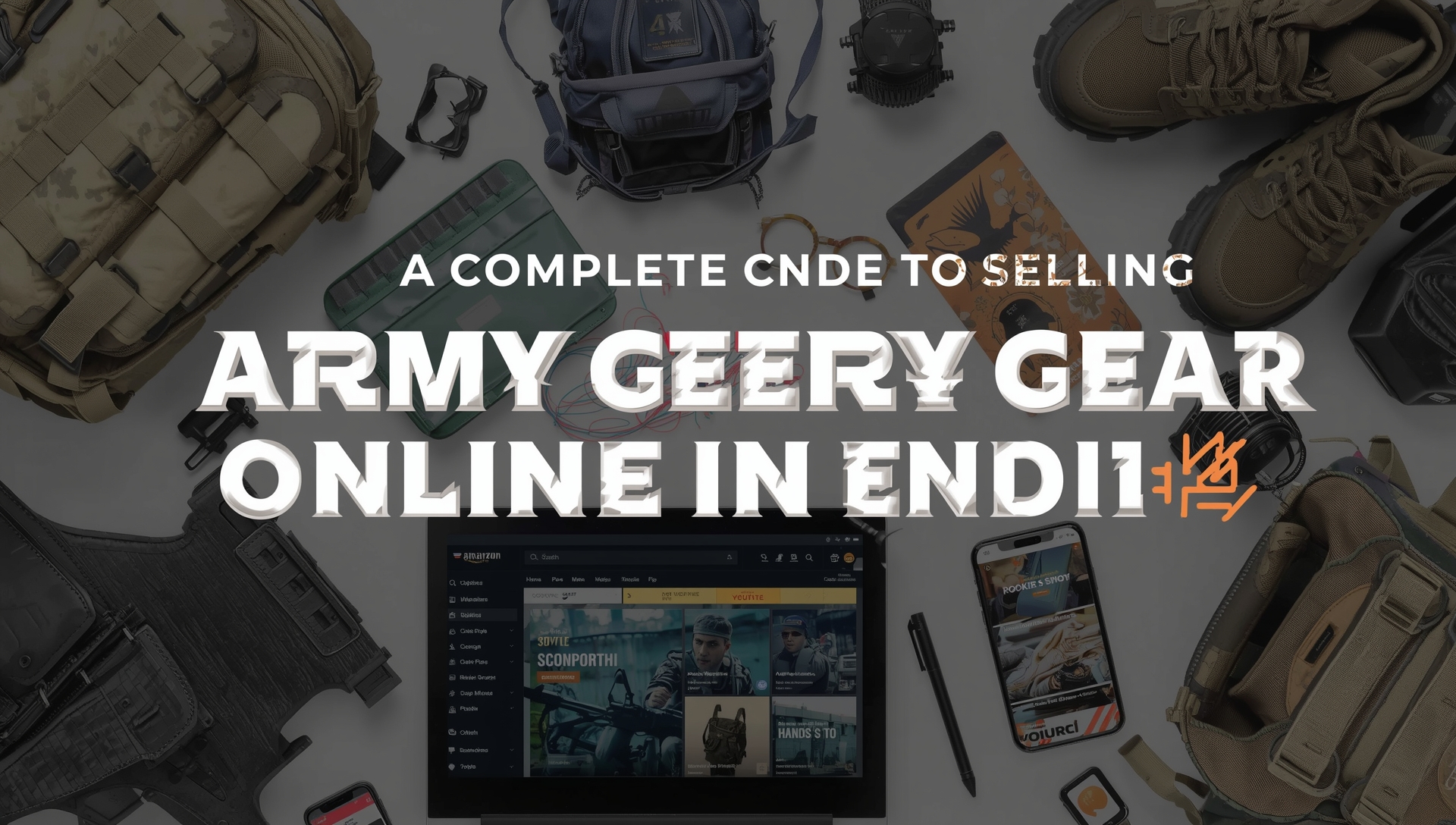 Selling Army Gear Online in India – Tactical boots, army uniforms, and backpacks displayed alongside a laptop for e-commerce.